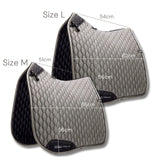 Two saddle pads with measurements on a white background