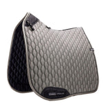 Gray and black quilted saddle pad with 'Stabbin' branding on a white background