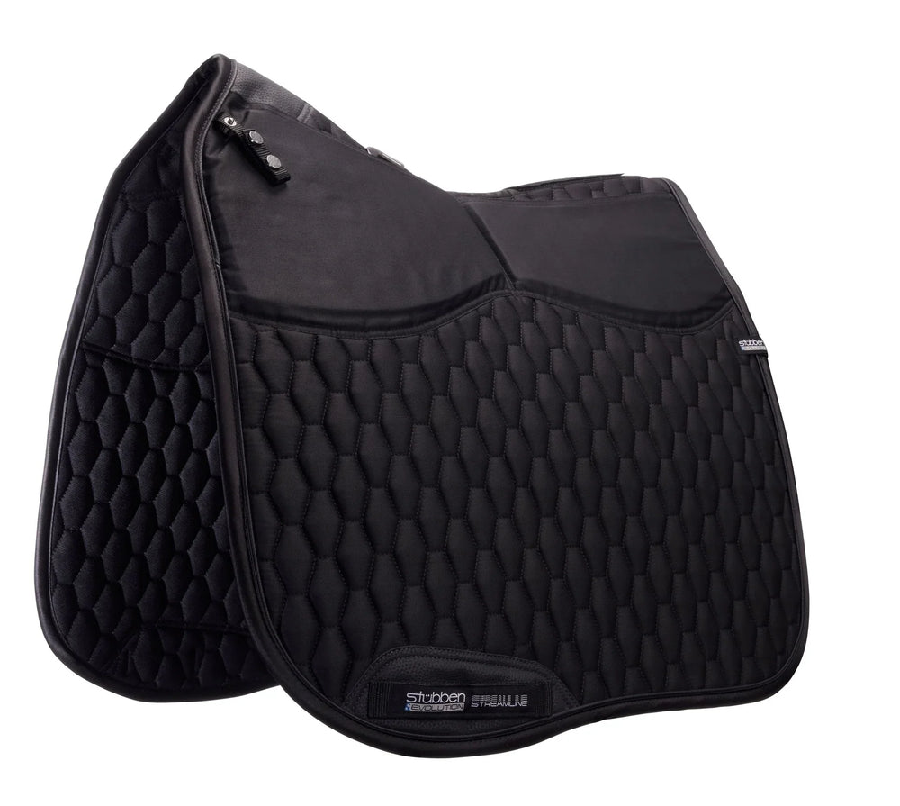 Black quilted saddle pad on a white background