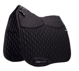 Black quilted saddle pad on a white background